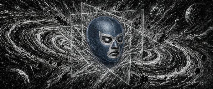 A dark, cosmic artwork featuring a metallic luchador mask floating within geometric lines against a swirling galaxy background.