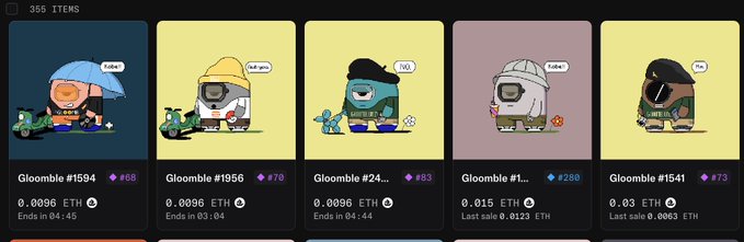 An NFT marketplace displays five cartoon character avatars called 'Gloomble' with bid prices ranging from 0.0096 ETH to 0.03 ETH and various auction end times.