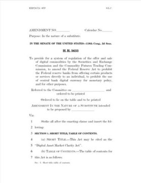 A black-and-white document showing 'AMENDMENT NO.' for 'H. R. 3633', a proposed amendment related to regulations on digital commodity exchanges and central bank digital currency.