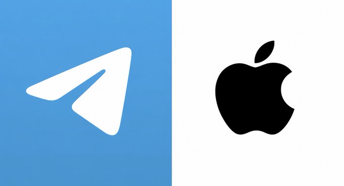 The image shows the Telegram logo (a white paper airplane on a blue background) on the left and the Apple logo (a black apple silhouette) on a white background on the right, representing the two companies involved in the news that Telegram has been removed from the iOS App Store worldwide.