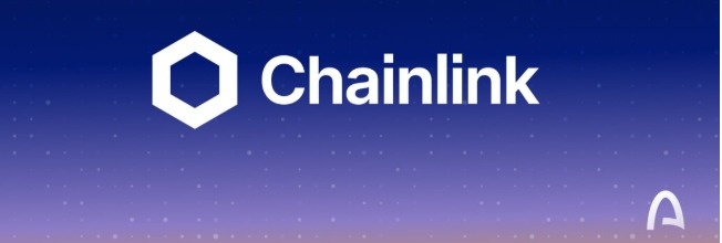 The Chainlink cryptocurrency logo and name displayed in white text with its hexagonal symbol on a blue gradient background with the Avalanche logo in the corner.