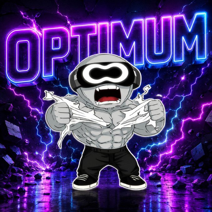 A muscular cartoon figure wearing a VR headset rips open his shirt in front of a neon 'OPTIMUM' sign, set against a background of purple lightning and rocky debris.