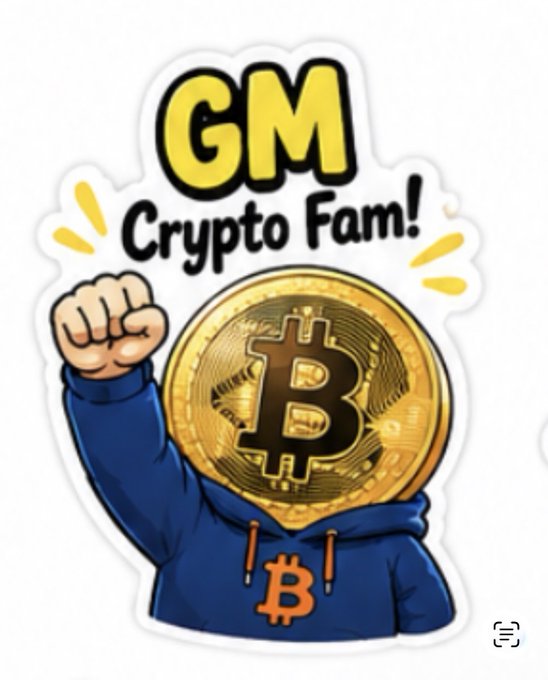 A cartoon Bitcoin mascot in a blue hoodie raising a fist with the text 'GM Crypto Fam!'