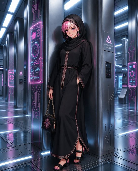 An anime/AI-generated image of a woman with pink hair wearing a black hooded abaya/traditional dress with gold trim, holding a black handbag in a futuristic sci-fi corridor setting with pink neon lights and technology panels.