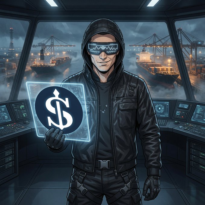A digital illustration of a hooded figure wearing cybernetic goggles, standing in a futuristic control room overlooking a shipping port, holding a glowing screen displaying a dollar sign.