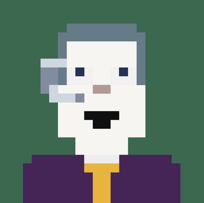 Pixel art portrait of a person with grey hair, glasses, and an open mouth, wearing a purple shirt and yellow tie against a dark green background.