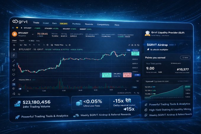This image shows an online dashboard of trading information from a cryptocurrency exchange platform named @grvt. The screen displays various data such as chart patterns, real-time market trends, and news. In the context of this image, one can infer that it is during the final week of the month, June, with the deadline set for all farmers to sell their cryptocurrencies before the platform closes its trading services for the year. Users have been working on stacking points throughout the season to maximize their gains before the platform goes dark at the end of June. The image highlights the importance of timing and market awareness in successful cryptocurrency trading.
