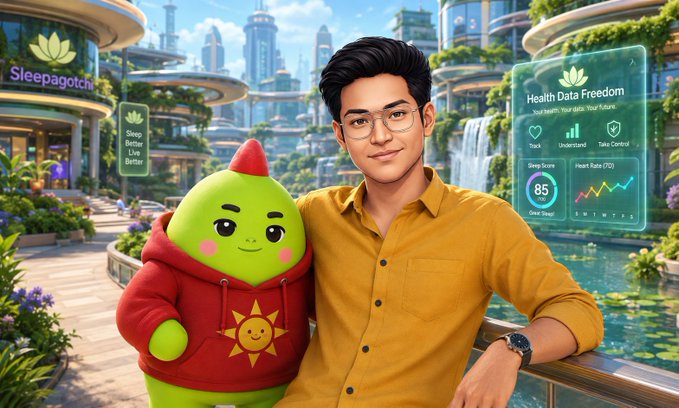 A 3D-rendered advertisement featuring a young man in a yellow shirt standing beside a green mascot in a red hoodie, promoting 'Sleepagotech' with 'Health Data Freedom' stats showing a Sleep Score of 85.