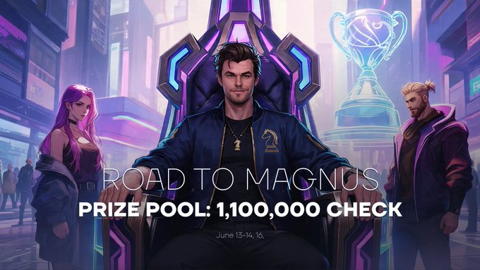 The image features an advertisement for a game called "Road To Magnus" with a prize pool of $1,000,000. The main focus of the image is a man sitting in a throne-like chair or throne-looking wheelchair, wearing a blue jacket and holding a trophy, which is located towards the right side of the image. 

In addition to this central figure, there are three other people present within the scene: one person standing on the left side near the camera; another person standing closer to the middle; and a third person positioned more towards the top area of the image. It seems that these individuals might be discussing or interacting with the main man in the throne chair, potentially about the game or its prizes.