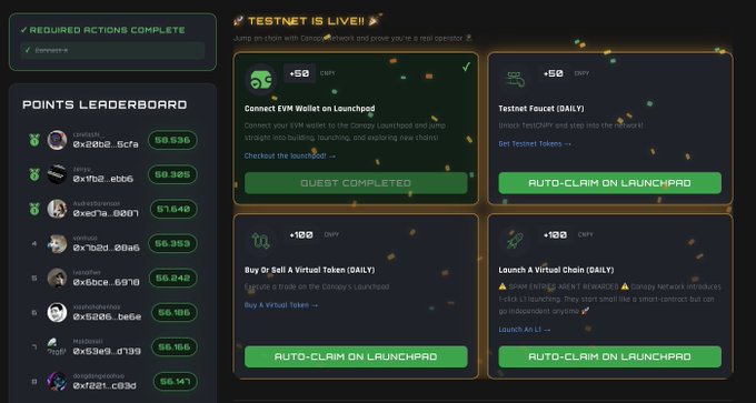 A "Testnet is Live!" rewards dashboard for Canopy Network (@CNPYNetwork) showing a points leaderboard with wallet addresses ranked by CRPY points (top score 58,636), alongside completed and available quests like "Connect EVM Wallet on Launchpad" (+50 CRPY), "Testnet Faucet" (+50 CRPY), "Buy or Sell a Virtual Token" (+100 CNPY), and "Launch a Virtual Chain" (+100 CRPY), reflecting the project's airdrop incentive structure for early testnet participants.