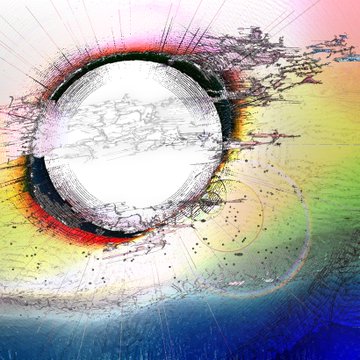 A vibrant abstract digital artwork features a luminous white circular form resembling an eclipse, surrounded by radiating splashes of rainbow colors—pinks, yellows, greens, and blues—with chaotic black ink splatters and sketchy line work. The piece visually embodies the "Sun ☼ / Eclipse ☾☼" concept, where the bright sun-like orb is partially obscured and surrounded by cosmic energy, matching the post's offer of 4 remaining editions on Objkt.