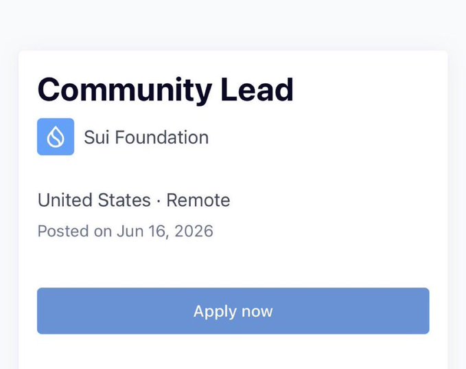 A job listing card for a 'Community Lead' position at Sui Foundation in the United States (Remote), posted on Jun 16, 2026, with an 'Apply now' button.