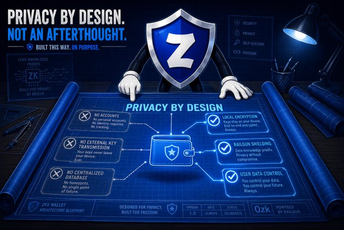 The image illustrates ZKX Wallet's "Privacy by Design" blueprint, featuring a central shield with the Z logo surrounded by principles like zero-knowledge proofs, local encryption, and Railgun shielding. Key text highlights include "NO ACCOUNTS," "NO EXTERNAL KEY TRANSMISSION," and "NO CENTRALIZED DATABASE," aligning with the post's emphasis on collecting nothing unnecessary and maintaining user data control.