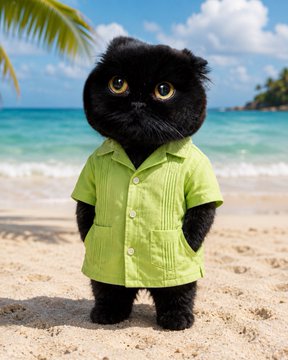 A fluffy black cat in a lime green shirt stands on a beach, suggesting a relaxed, perhaps nostalgic vibe. This image humorously evokes a past era of "crypto Twitter" that is now gone.