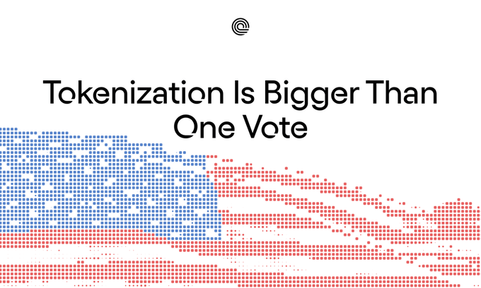 A pixelated red and blue Capitol building illustration appears beneath the text "Tokenization Is Bigger Than One Vote," which relates to the post by suggesting that despite the CLARITY Act failing to advance in the Senate, Ondo's tokenization efforts remain unaffected and continue moving forward regardless of legislative setbacks.