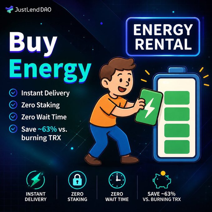JustLendDAO's "Buy Energy" promotional graphic highlights their Energy Rental service, featuring a cartoon man charging a battery with benefits including Instant Delivery, Zero Staking, Zero Wait Time, and saving ~63% versus burning TRX. The image illustrates the post's topic of testing the wallet connection and energy purchasing process on the platform.
