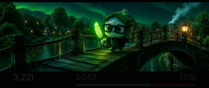 An illustrated scene shows a small character with glasses and a green leaf hat standing on a wooden bridge over water at night, holding a glowing green feather, with numbers "3,221", "2,043", and "1,178" displayed at the bottom.