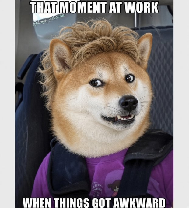 The image is a meme featuring the popular "Doge" Shiba Inu character digitally edited with a messy human-like hairdo, wearing a purple shirt and a backpack strap, with the caption "THAT MOMENT AT WORK" at the top and "WHEN THINGS GOT AWKWARD" at the bottom, conveying an awkward facial expression.