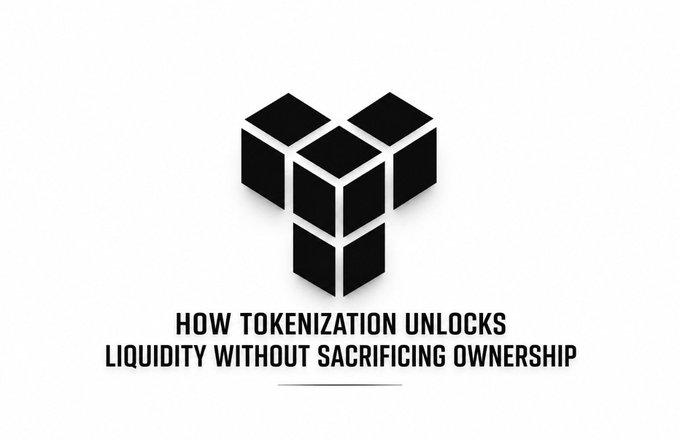 A minimalist black-and-white logo of three connected cubes sits above the text "HOW TOKENIZATION UNLOCKS LIQUIDITY WITHOUT SACRIFICING OWNERSHIP," visually reinforcing the post's idea that rethinking ownership structures—not the assets themselves—is the key to addressing private equity's slow processes and limited access.