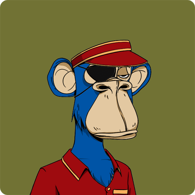 A digital illustration of a Bored Ape Yacht Club-style cartoon ape wearing a red polo shirt, a red visor, and an eye patch against a solid olive green background.