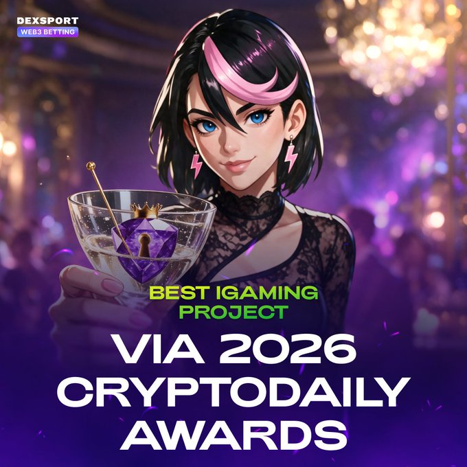 An anime-style promotional image for 'DEXSPORT' featuring a female character with pink-streaked hair holding a martini glass with a key inside. Text reads 'BEST IGAMING PROJECT' and 'VIA 2026 CRYPTODAILY AWARDS'.