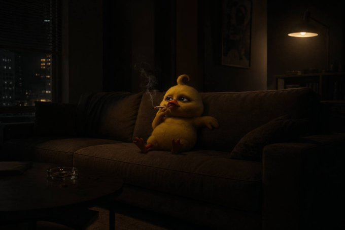 A yellow cartoon duck sits slumped on a dimly lit couch, smoking a cigarette as it stares off into the distance with a contemplative, melancholic expression—visually echoing the late-night ruminations on the upcoming bullish crypto weeks and Solana's expected resurgence.

The post references $ANSEM, $TripleT, and tags like @a1lon9, @Pumpfun, and @blknoiz06, which are not visible in the image.