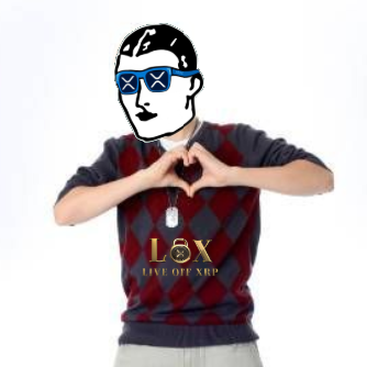 A person wearing a red argyle sweater with "LOX LIVE OFF XRP" printed on it and a dog tag necklace makes a heart shape with their hands; their face has been edited with a meme-style black-and-white filter and X-shaped eyes.