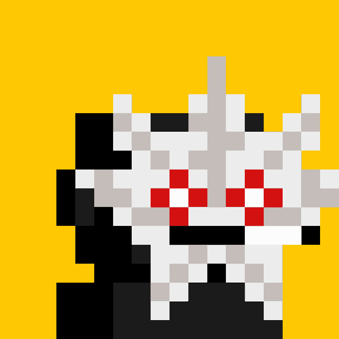 A blocky, pixelated white mask with red glowing eyes and a jagged, grinning mouth, set against a bright yellow background.