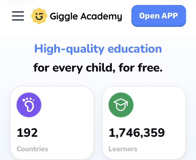 An advertisement for 'Giggle Academy' promoting 'High-quality education for every child, for free,' with an 'Open APP' button and statistics showing 192 countries and 1,746,359 learners.