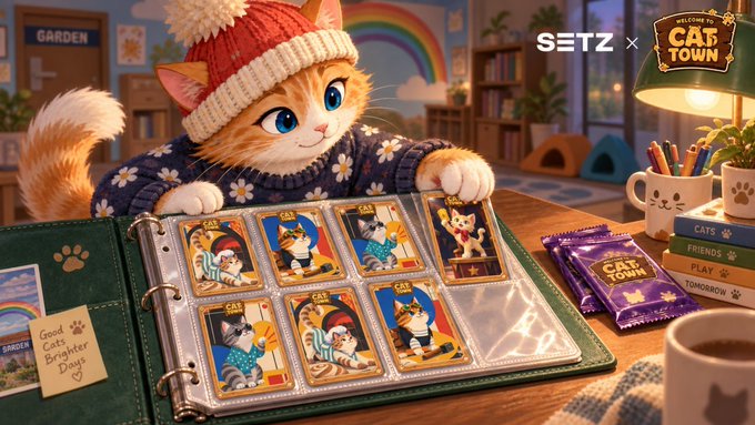 A promotional graphic for a 'SETZ x CAT TOWN' collaboration features an illustrated orange cat in a knit hat looking at a binder of cat-themed collectible cards.