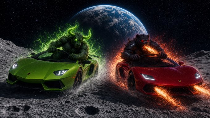 Digital artwork of two bull-headed humanoid creatures (one green/horned, one red/flaming) racing Lamborghini-style sports cars on the moon's surface with Earth visible in the background.
