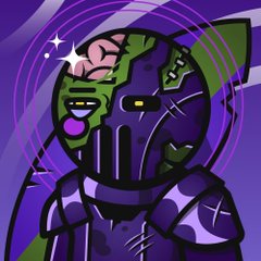 A stylized illustration of a character in purple and green cybernetic armor with a helmet and yellow eye, set against a purple background with concentric circle patterns.