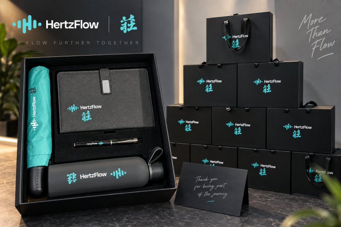 A corporate branded gift box from HertzFlow featuring an umbrella, notebook, pen, and water bottle with 'More Than Flow' tagline and 'Thank you for being part of the journey' message.