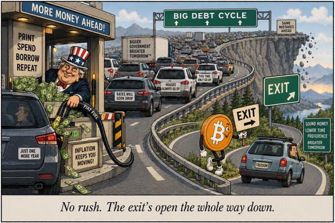 A political cartoon depicting a highway labeled 'BIG DEBT CYCLE' with cars in traffic, an Uncle Sam character at a 'MORE MONEY AHEAD!' gas pump with 'PRINT SPEND BORROW REPEAT' signs, and a Bitcoin character walking toward an exit ramp with the caption 'No rush. The exit's open the whole way down.'