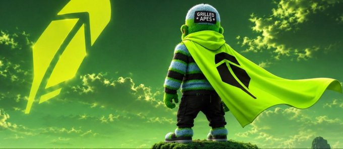 A character wearing a green and purple striped sweater, a green cape with a crown emblem, and a helmet labeled 'GRILLED APES', standing on a cliff against a dramatic green sky with a large geometric symbol.