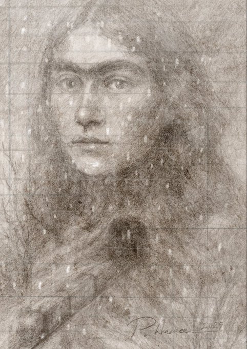 The image features a sketch of a person with long hair facing left. There are two drafts that have been made of the same girl's face, one being a rough drawing and the other one being a more realistic drawing. The sketch has been marked up with a few changes, suggesting it is part of a collection called "Only Lines" by someone named Phoebe. The image also mentions that each piece in this series costs 100 Tezos, which is the starting price for creating an artwork from it. Cold season link is another note in the background related to winter.