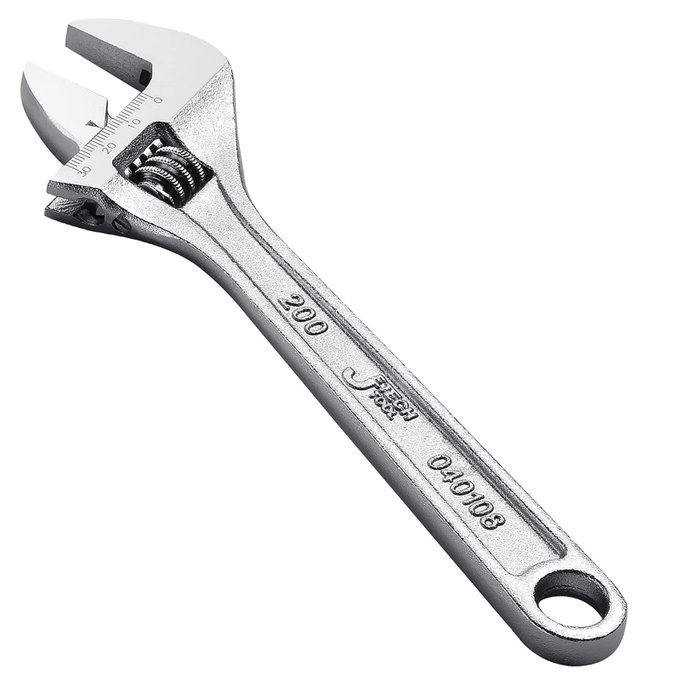 A polished chrome adjustable wrench marked '200' and '010108' with a millimeter scale on its jaw, isolated on a white background.