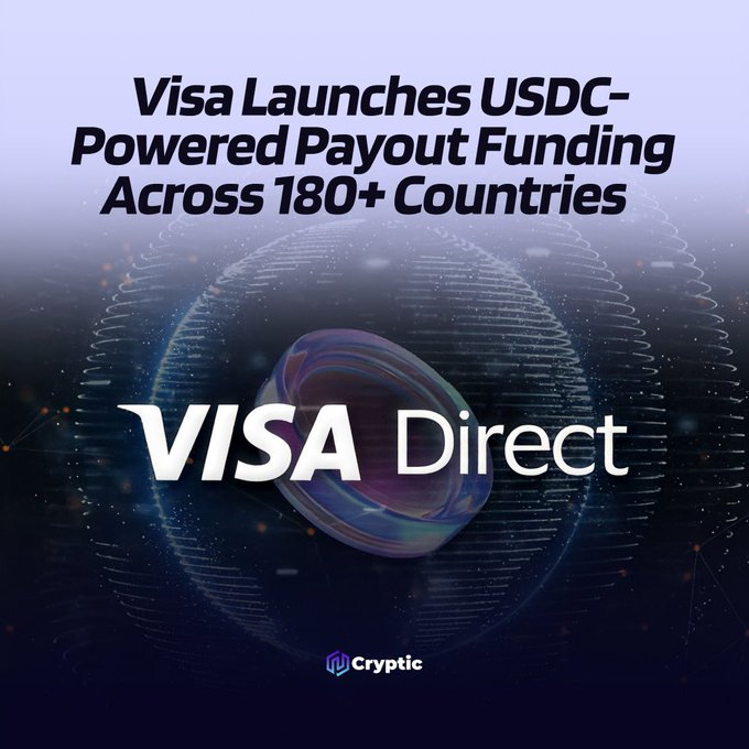 A graphic announcing 'Visa Launches USDC-Powered Payout Funding Across 180+ Countries' featuring the Visa Direct branding by Cryptic.