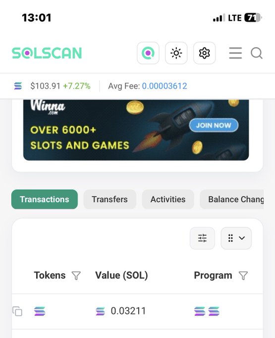 A mobile screenshot of the SOLSCAN app showing a SOL price of $103.91 (+7.27%), average fee of 0.00003612, and a Transactions tab open with a row showing a value of 0.03211 SOL.