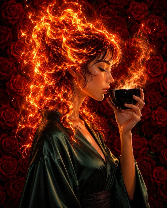 Digital art of a woman with fiery, flame-like hair holding a steaming black bowl against a backdrop of dark red roses.