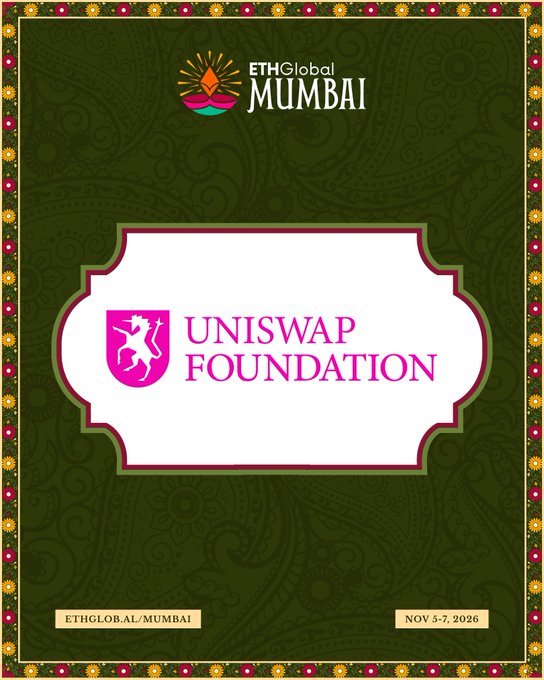 An event poster for 'ETHGlobal Mumbai' featuring the Uniswap Foundation logo prominently, with dates 'NOV 5-7, 2026' and a website URL displayed on a decorative green background.