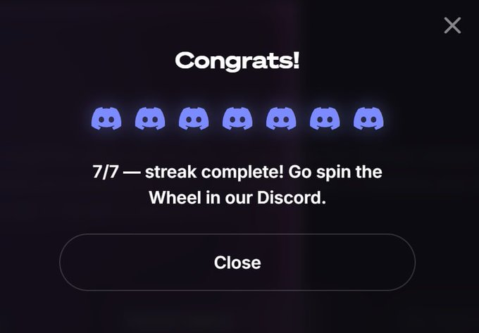A Discord-style "Congrats!" popup shows 7 Discord logos in a row with the text "7/7 — streak complete! Go spin the Wheel in our Discord." above a "Close" button, celebrating completion of the 7-day Social Camp challenge mentioned in the post.