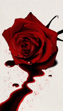 A dark red rose is depicted with liquid resembling blood pooling and dripping from it onto a cream-colored surface.