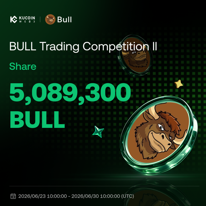 The image shows a green coin with an illustration of a bull's head, which is the main focus of the post. The text "BULL TRADING COMPETITION II Share 5,099,300 Bull" is displayed above the coin, indicating that there are five,099,300 shares of bull trading in the competition. The image also includes a link to the post on the bottom right corner and a date and time stamp at the top left corner.