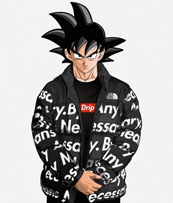 An anime-style illustration of a character resembling Goku with spiky black hair, wearing a black puffer jacket covered in white text patterns over a black t-shirt with a red 'Drip' logo and a 'The North Face' patch.