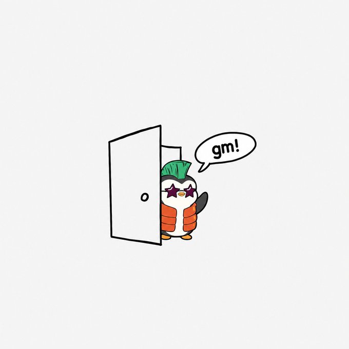 A cartoon illustration of a small penguin/character wearing a green leafy hat and an orange puffy vest, peeking through a door with a speech bubble saying 'gm!'