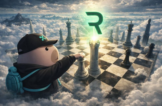 Artistic illustration of a small cartoon character in a black hoodie and cap playing chess on a giant floating board in the clouds, with a glowing green 'R' logo above a chess piece.