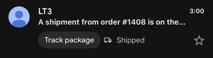 A notification from 'LT3' showing a message about a shipment from order #1408 being on the way, with 'Track package' and 'Shipped' buttons.