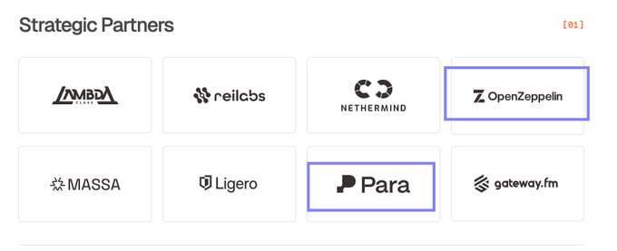 A 'Strategic Partners' section displaying logos including Lambda, relicbs, Nethermind, OpenZeppelin (highlighted), Massa, Ligero, Para (highlighted), and gateway.fm.