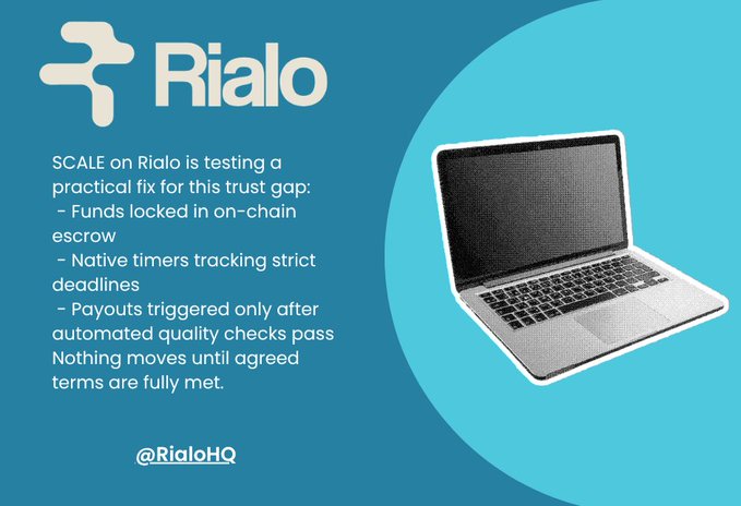 A blue promotional graphic for 'Rialo' features a laptop image on a lighter blue circular background, with text describing SCALE on Rialo's escrow features including locked funds, native timers, and automated quality checks, credited to '@RialoHQ'.